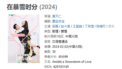 《在暴雪时分》【4K/1080P】【全集】【2024】主演: 吴磊 / 赵今麦 / 王星越 / 丁笑滢 / 陈靖可